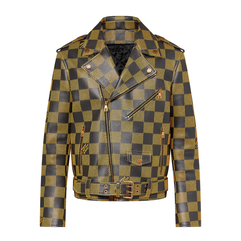 Louis Vuitton Men's Autumn and Winter Checkerboard Print Zipper Short Lapel Long Sleeve Leather Jacket #73267
