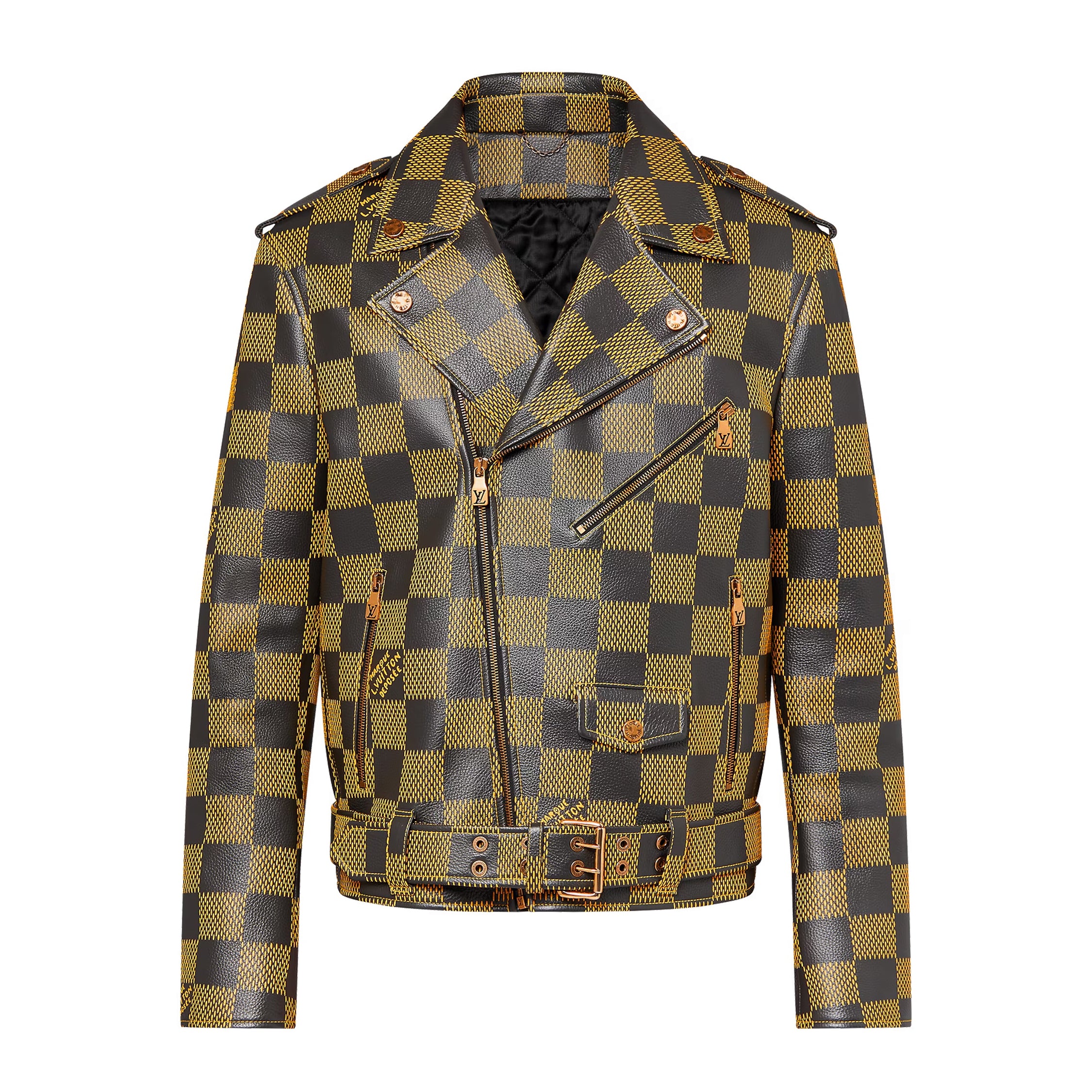 Louis Vuitton Men's Autumn and Winter Checkerboard Print Zipper Short Lapel Long Sleeve Leather Jacket #73267