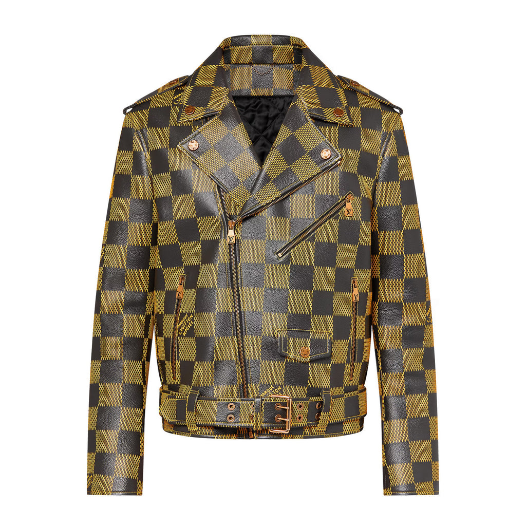 Louis Vuitton Men's Autumn and Winter Checkerboard Print Zipper Short Lapel Long Sleeve Leather Jacket #73267