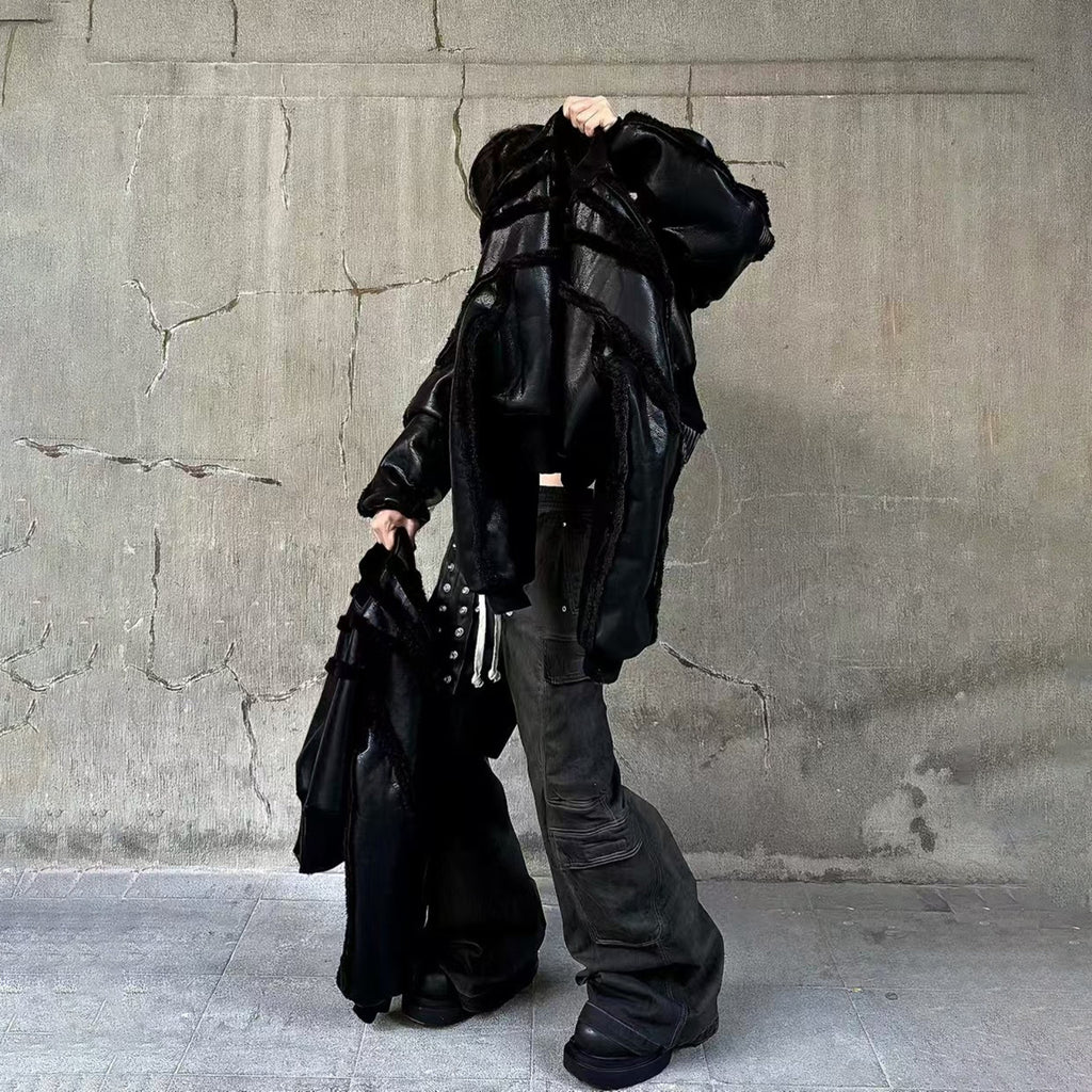 Rick Owens Ro Fur One Autumn And Winter New Fashion Splicing Leather Jacket Coat High Street Trend Hip Hop Dark Style Warm Coat Ngvp #9719