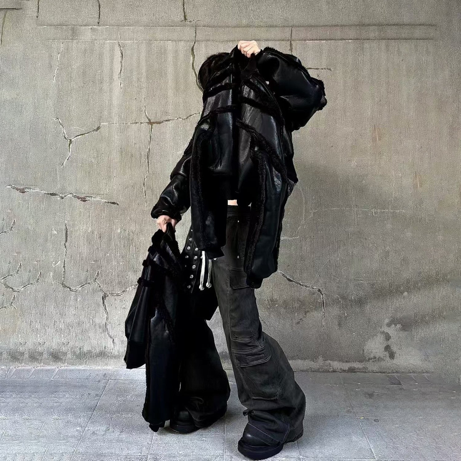 Rick Owens Ro Fur One Autumn And Winter New Fashion Splicing Leather Jacket Coat High Street Trend Hip Hop Dark Style Warm Coat Ngvp #9719