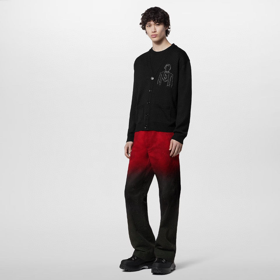 Louis Vuitton Men's Fall/Winter Black and Red Gradient Embroidered Logo Patterns Straight Leg Jeans Pants #98169