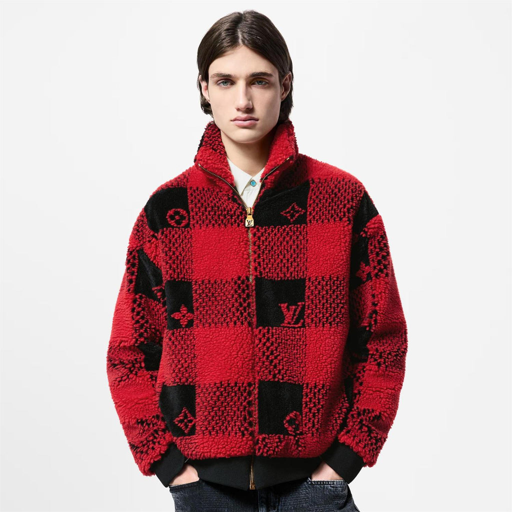 Louis Vuitton Men's Fall And Winter Red And Black Checkerboard Pattern Collar Zipper Long Sleeved Jacket #73682