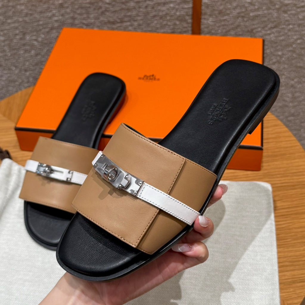 Hermes Giulia Women's Summer Metal Buckle Round Toe Leather Sandals Slippers Shoes #77657
