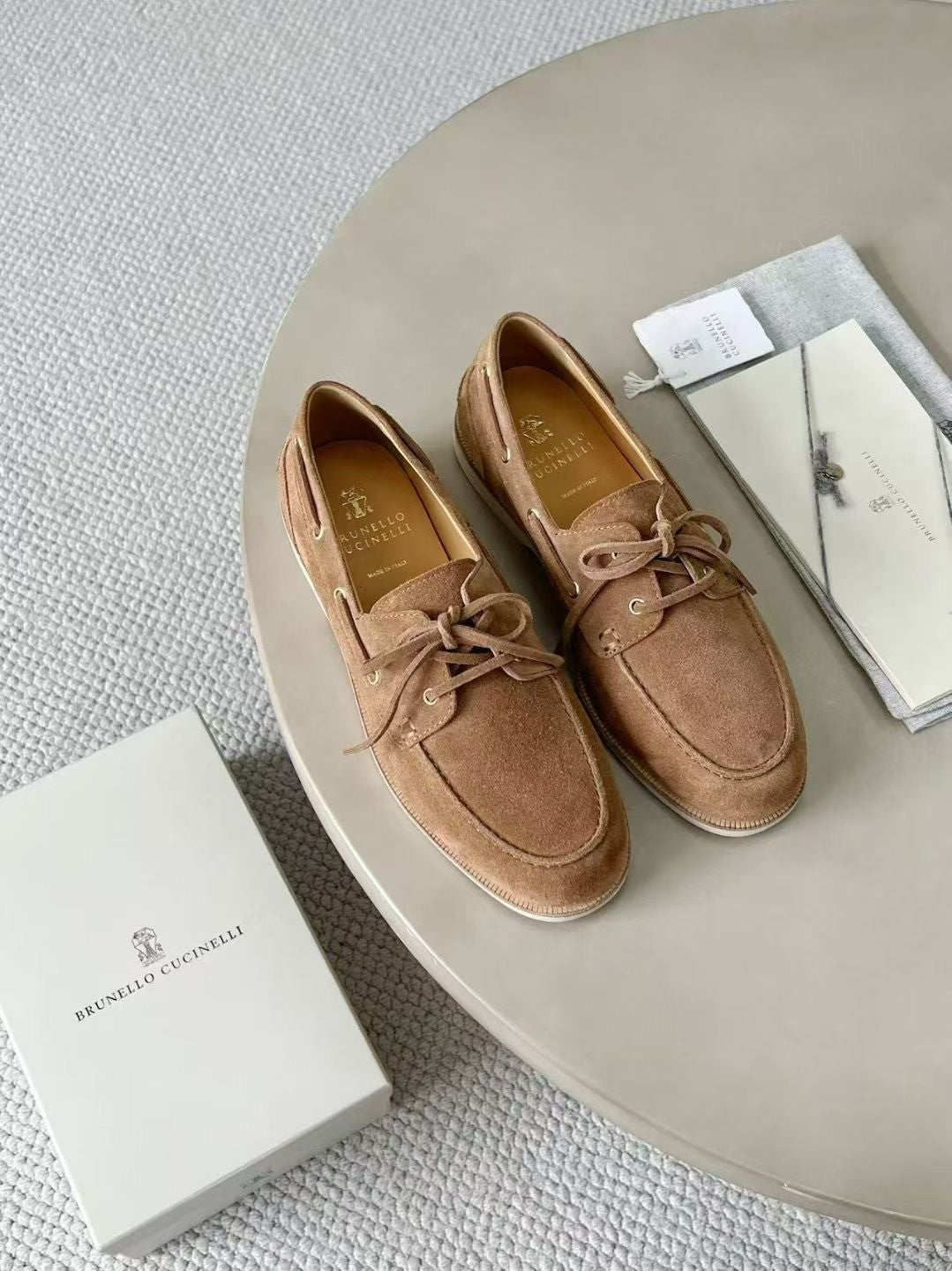 Brunello Cucinelli Men's Washed Suede Boat Shoes. Four-Season Solid Color Round Toe Lace-Up Low-Top Casual Shoes Ngvp #2125