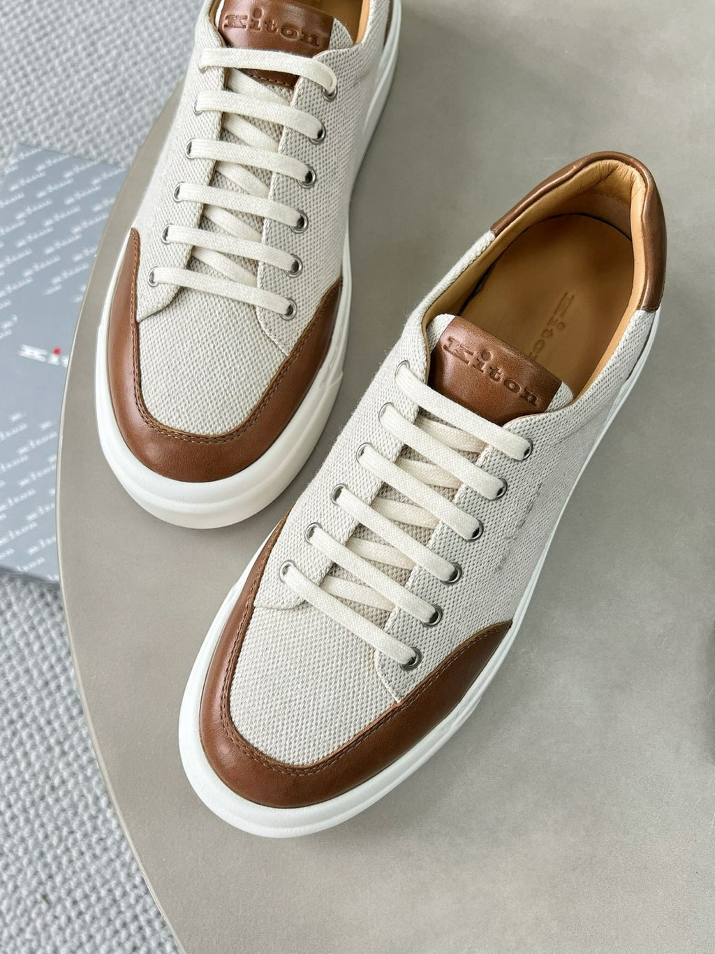 Kiton Men's Four Seasons Colour Block Canvas Leather Low Top Flat Lace Up Casual Shoes #76987