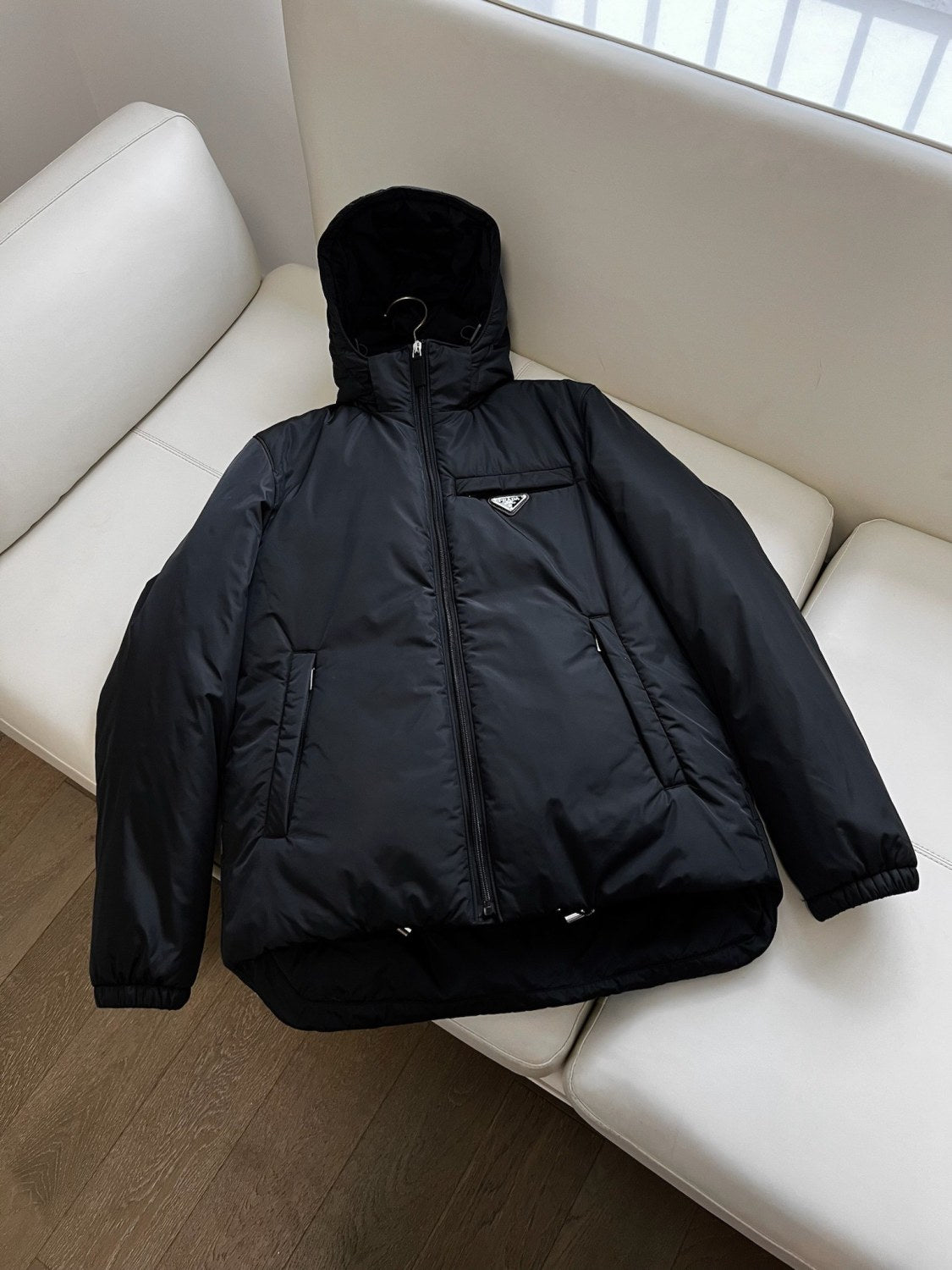 Prada Men's Autumn and Winter Solid Color Letter Logo Hooded Warm Zipper Long Sleeve Puffer Down Jacket #73422