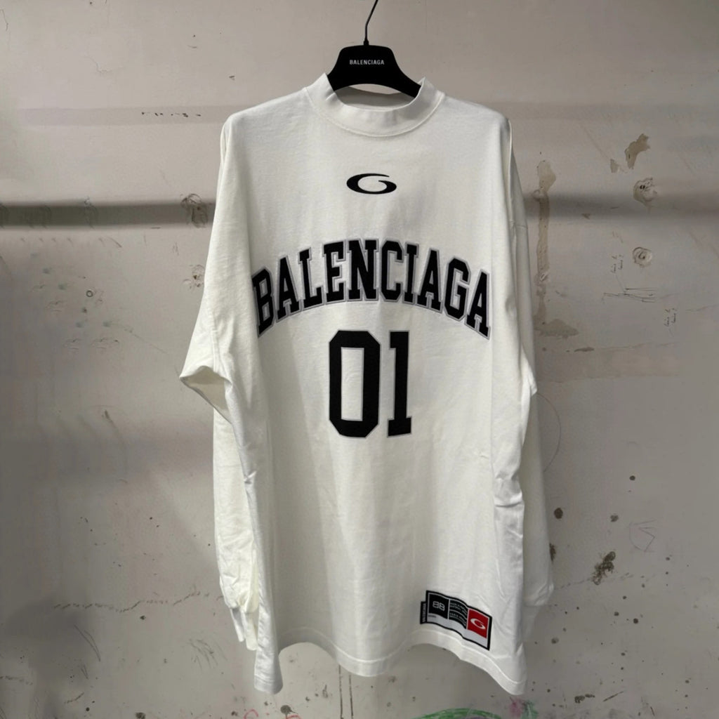 Balenciaga Basketball Series Men's Washed Black White Vintage Plain Knit Oversized Fit Long Sleeve T-shirt Vintage 01 Jersey High Street T-shirt Top Spring Summer #71858