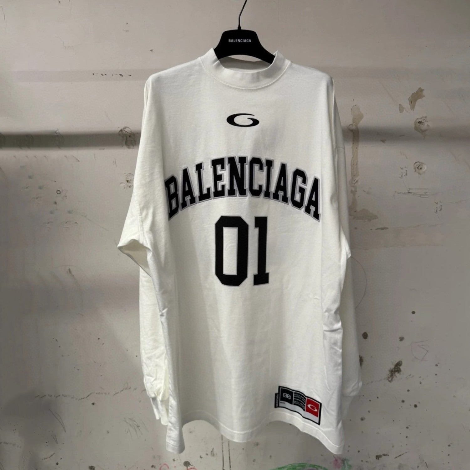 Balenciaga Basketball Series Men's Washed Black White Vintage Plain Knit Oversized Fit Long Sleeve T-shirt Vintage 01 Jersey High Street T-shirt Top Spring Summer #71858
