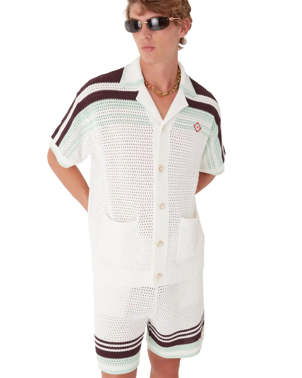 Casablanca Men's Summer Fashion Casual V-Neck Single Button Knit Striped Sweater Shirt with Elastic Drawstring Waist Knit Striped Shorts Suit Set #78593