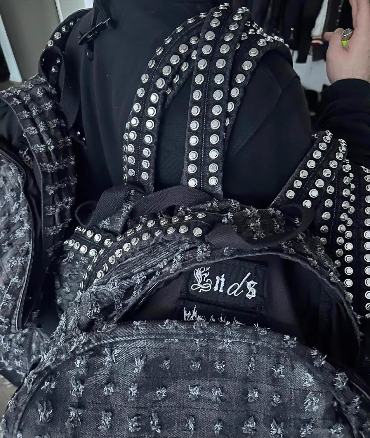 Reckless Scholars  26ss Hand-distressed Perforated Backpack Versatile Street Style Large Capacity Men's Distressed Studded Denim Backpack Bag Bags Male #196831