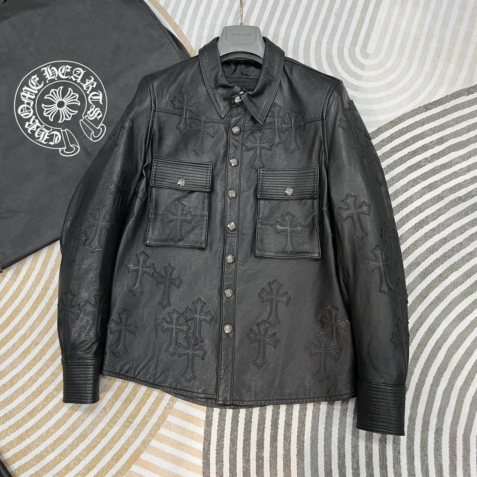 Chrome Hearts Men's Autumn and Winter Black Sheepskin Single Breasted Lapel Long Sleeve Jacket #99454