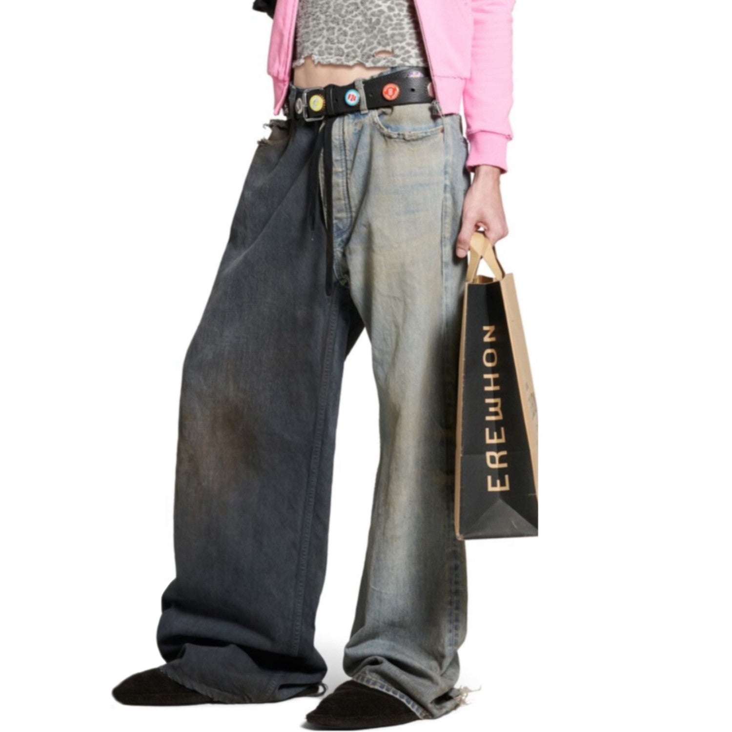 Balenciaga Men's Women's Colorblocking Denim Patchwork Old Damage Casual Loose Straight Leg Lace-Up Pants Ngvp #1818