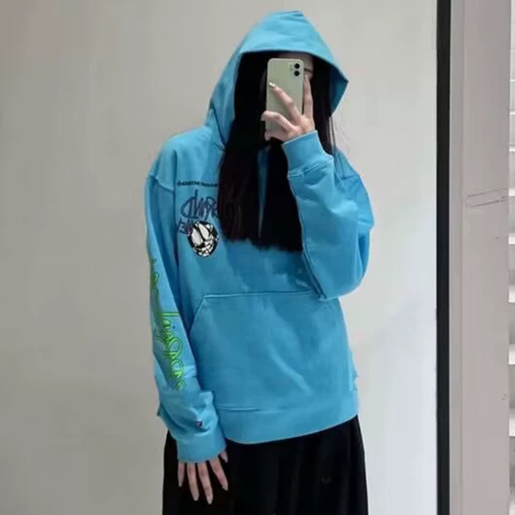 Chrome Hearts  Men's Women's Spring And Summer Fashion Letter Graffiti Blue Casual Loose Hooded Sweatshirt #98725
