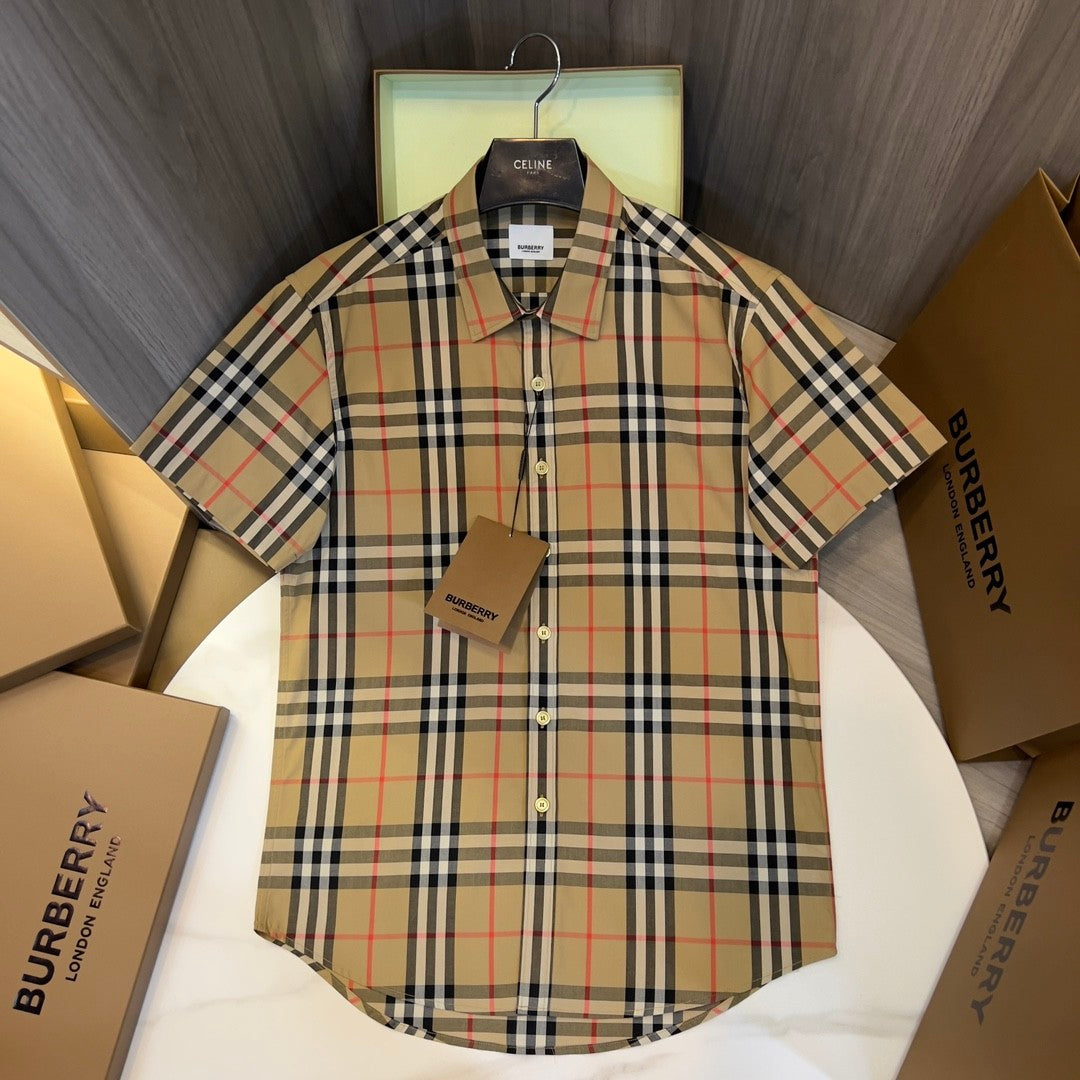 Burberry Men's Summer Checkered Print Single-Breasted Collar Short-Sleeved Shirt #77686