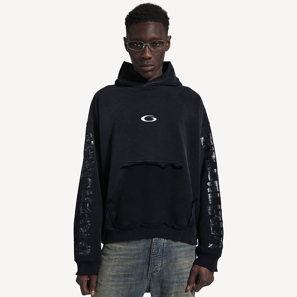 Balenciaga Men's Transparent Tape Ripped Pocket Hoodie in Faded Black #336331