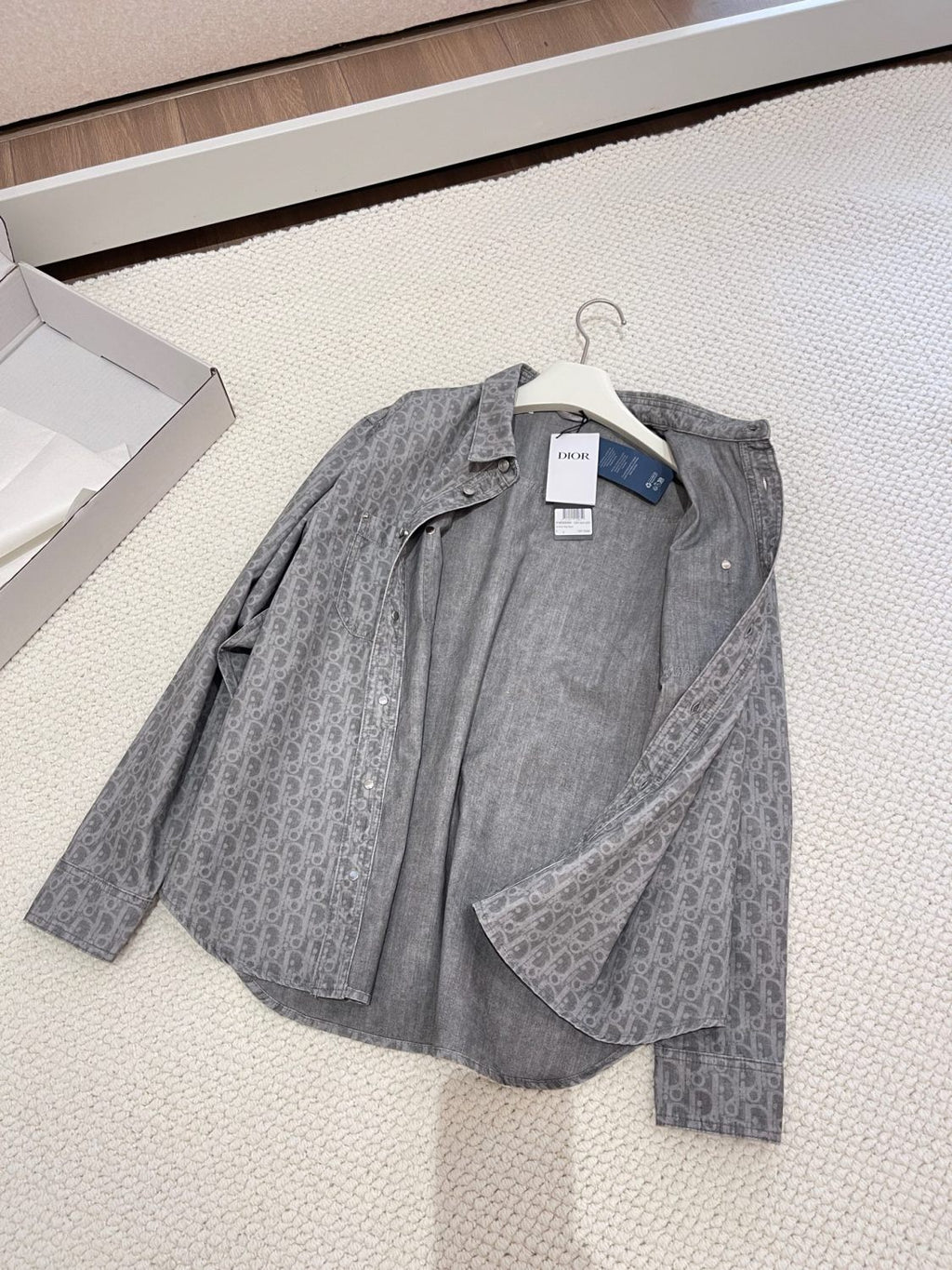 DIOR Men's Grey Cotton Denim Oblique Printed Shirt Blouse Spring Autumn Lapel Single Breasted Fashion Casual Jacket Shirt #71845