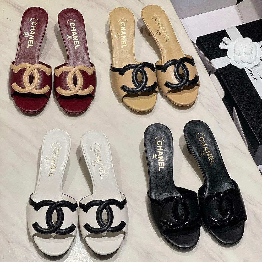 CHANEL Mules Lambskin Beige Black #386260