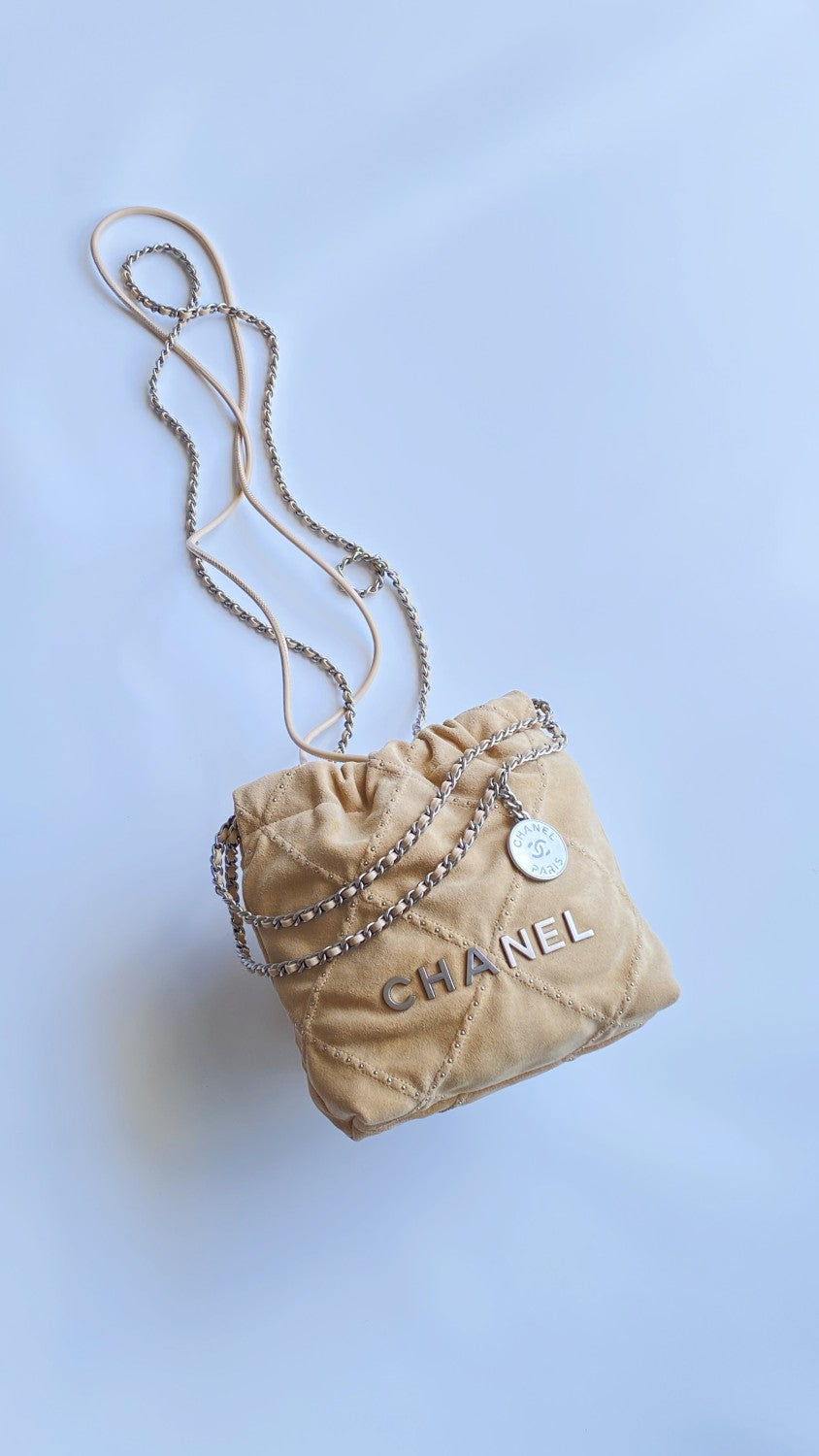 Chanel Suede Rivet Style 22 Bag Mini Antique Silver Buckle Italian Bonaudo Suede Calfskin Apricot Silver Buckle Women's Luxury Chain-strap Tote Bag Bags #81448