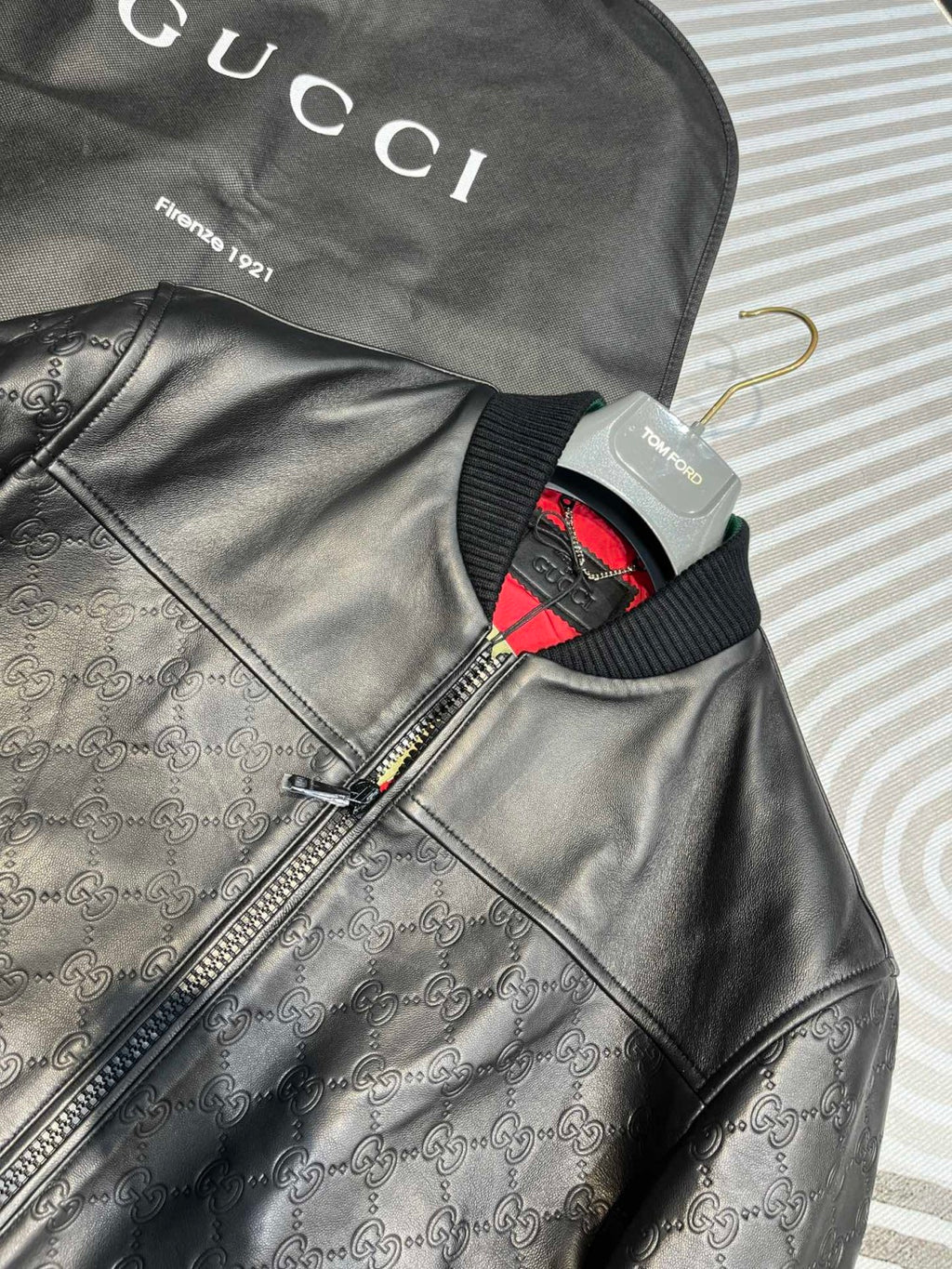Gucci Men's Spring And Autumn Black Embossed Logo Printed Zipper Leather Baseball Jersey Long Sleeve Jacket #72616