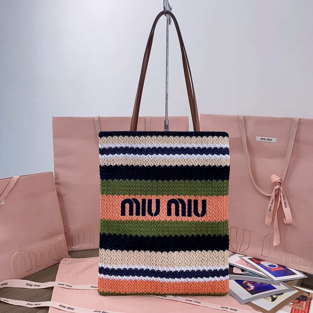 MiuMiu Women's Logo Embroidery Raffia Patchwork Cotton Thread Woven Shopping Bag Shoulder Tote Bags #76743