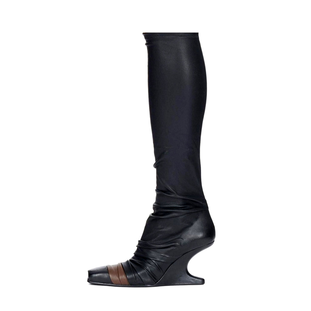 Rick Owens Women's Fall/Winter Fashion Classic Leather Booties Cowhide and Sheepskin Blend in Brown Lambskin Fishmouth Square Toe Design Fur Trimmed Panels Long Boots Shoes #79497