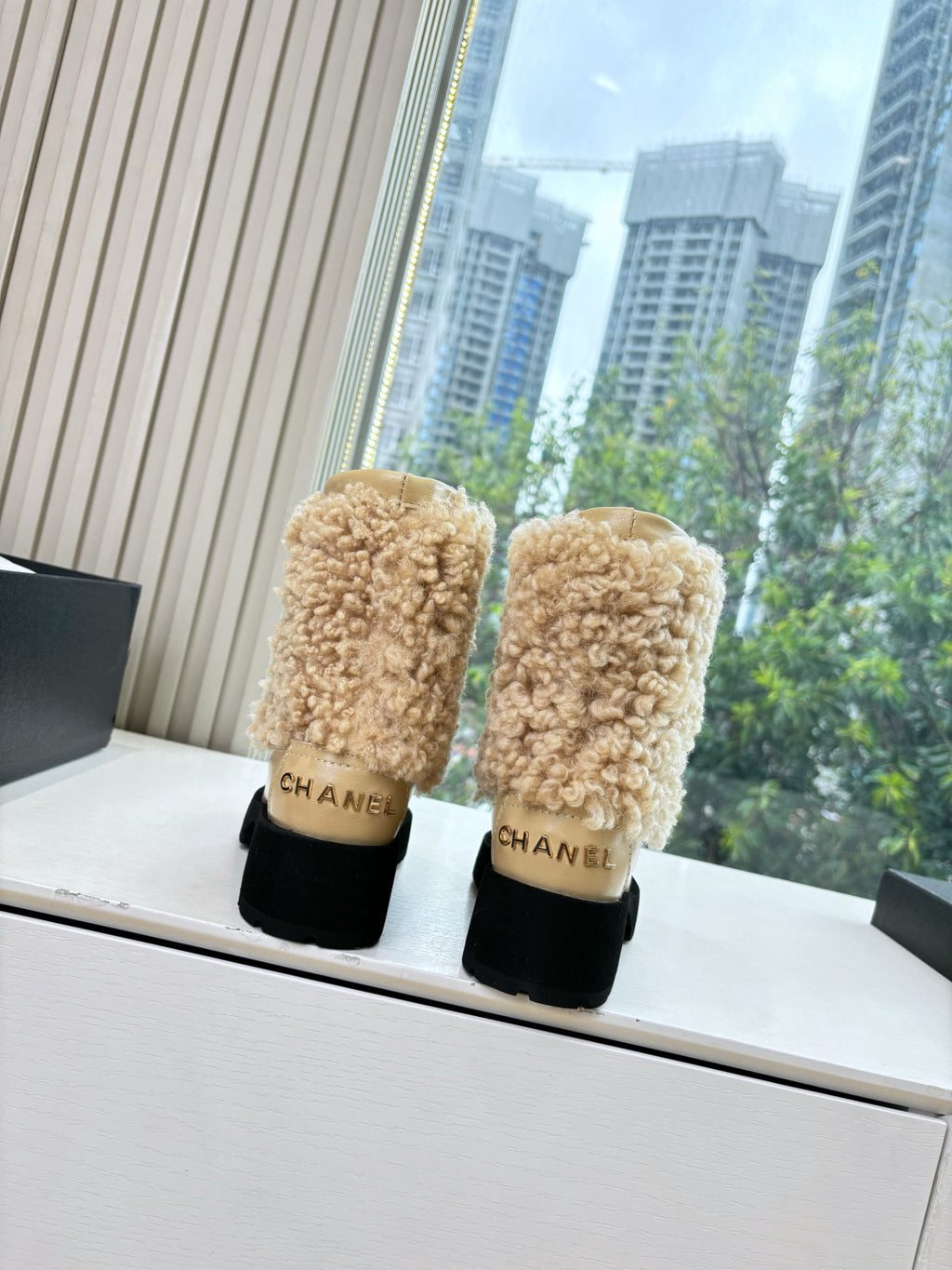 Chanel Short Boots Shearling Lambskin Calfskin Lambskin Patent Calfskin Beige Black #334244