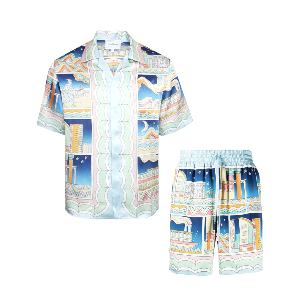Casablanca Men's Summer City Print Single-Breasted Short-Sleeved Shirt and Casual Drawstring Shorts Set Suit #77128