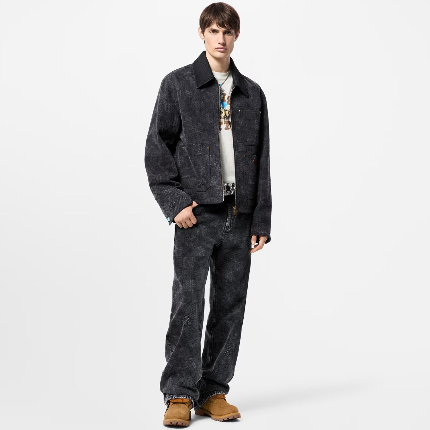 Louis Vuitton Men's Spring And Fall Black Embossed Pattern Stitching Zipper Long Sleeved Denim Jacket Plaid Casual Jeans Pants Suit Set #74288