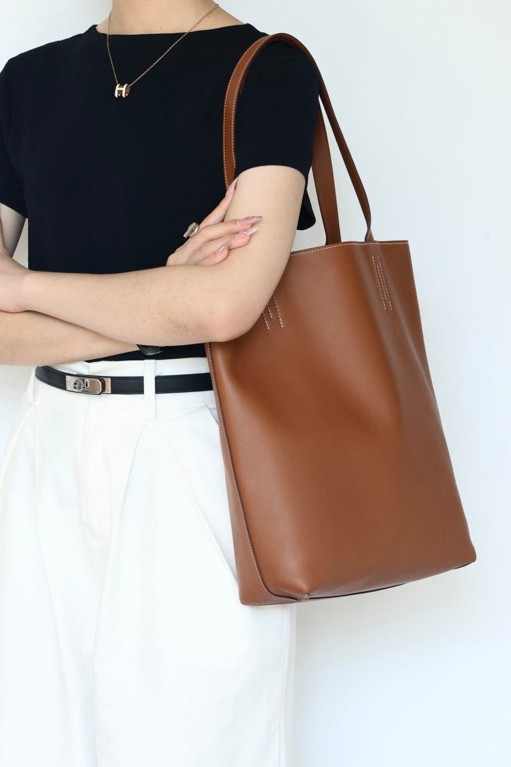 Hermes Women's Double Sensneo Calfskin Shoulder Bag Fashionable Color-Blocked Open Bag Double-Sided Tote Bag With Makeup Bag Bags Ngvp H086707CAAL #2277