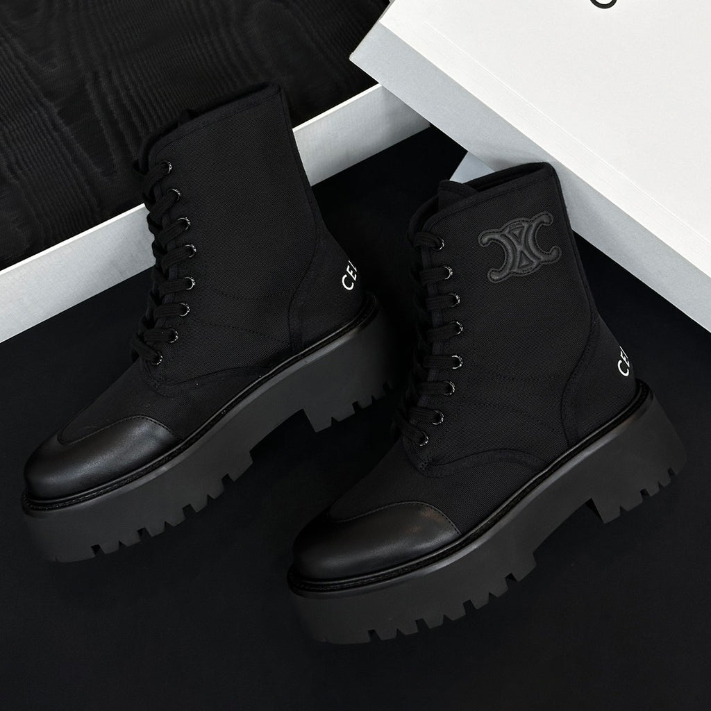 Celine Women's Spring/Fall Fashion Classic Nylon Glossy Leather Lace Up Thick Sole Martin Boots Short Boots Shoes #78277