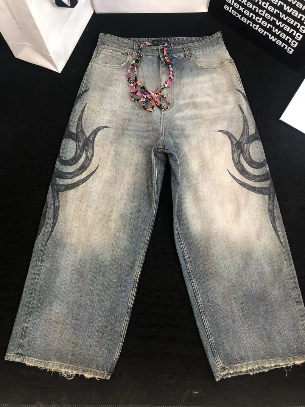 Balenciaga Men's Women's Four Seasons Y2K Logo Printed Cotton Mid Waist Loose Casual Denim Pants Ngvp #9524