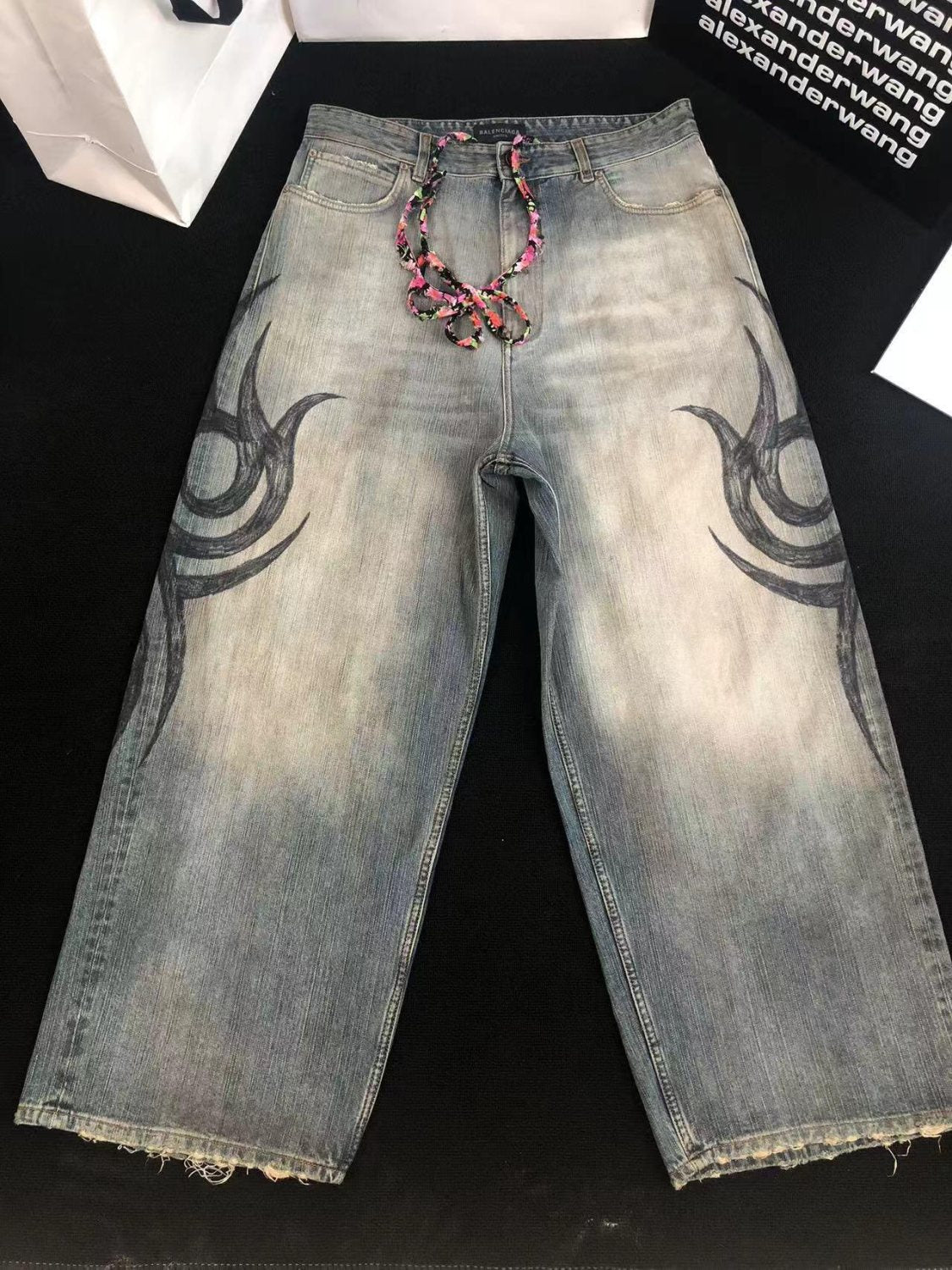 Balenciaga Men's Women's Four Seasons Y2K Logo Printed Cotton Mid Waist Loose Casual Denim Pants Ngvp #9524