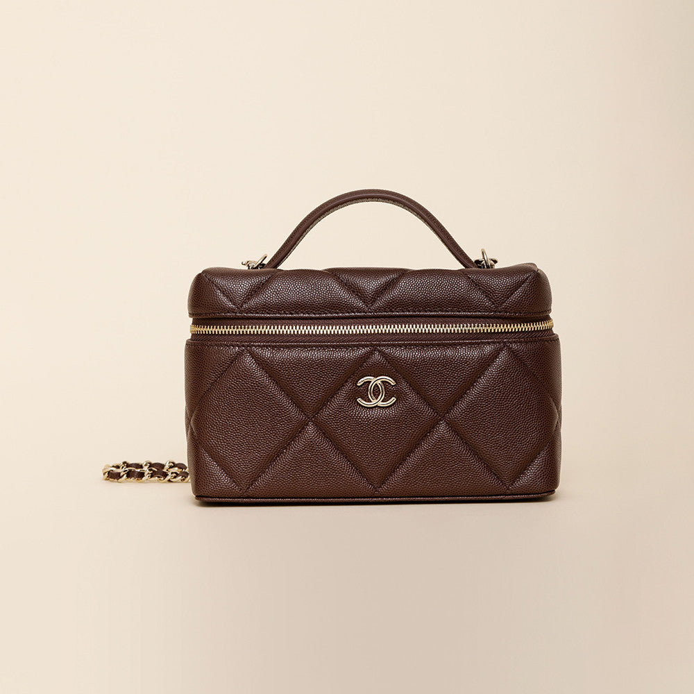 Chanel Chain Dressing Table Grained Shiny Calfskin with Gold Metal Dark Brown Fashion #332778