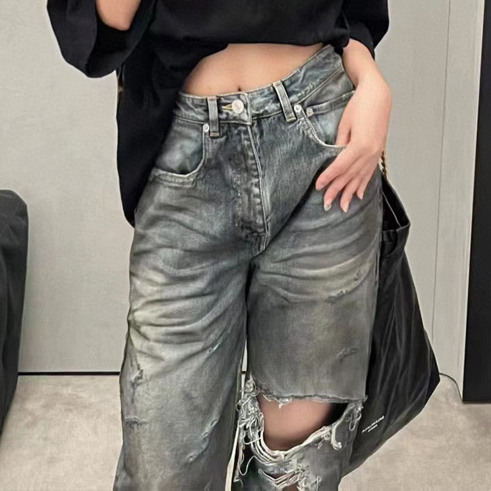Balenciaga Men's And Women's Spring/Fall Fashion Casual Washed Distressed Relaxed Fit Ripped Jeans Pants #78978