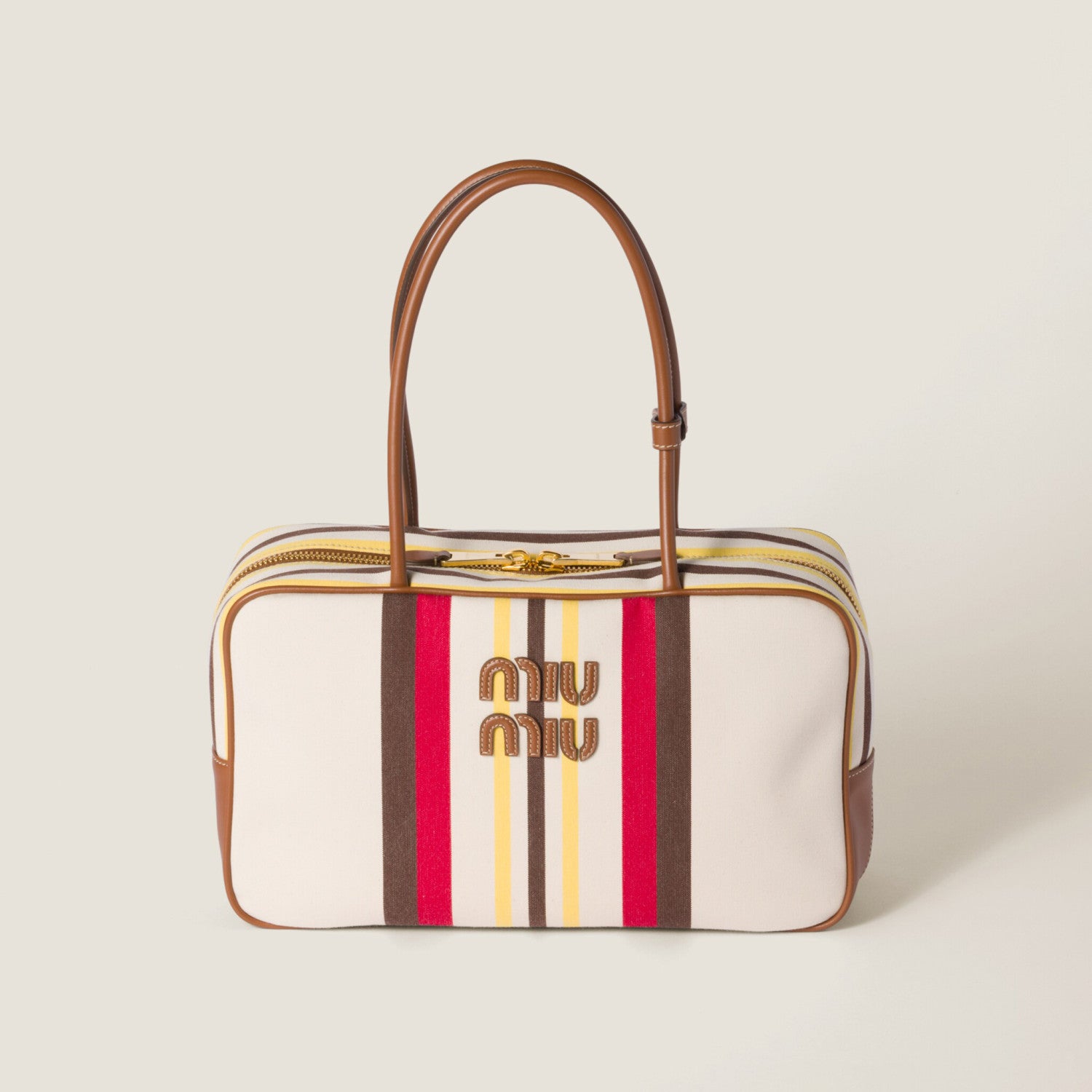 MiuMiu Beau Women's Embroidered Logo Print Striped Canvas And Calfskin Handbag Shoulder Bag Bags #77933
