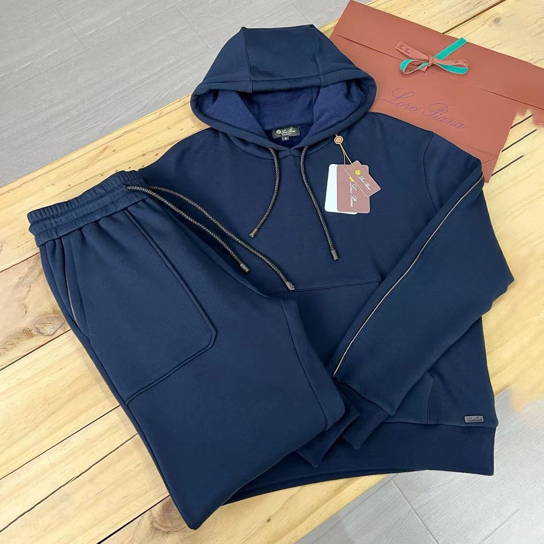 Loro Piana Men's Autumn And Winter Solid Color Hooded Long Sleeve Sweatshirt Casual Lace-Up Pants Set Ngvp #9216