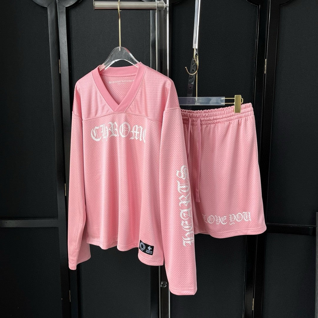 Chrome Hearts Men's Summer and Winter Pink Long Sleeve T-Shirt Shorts Set Suit #72589