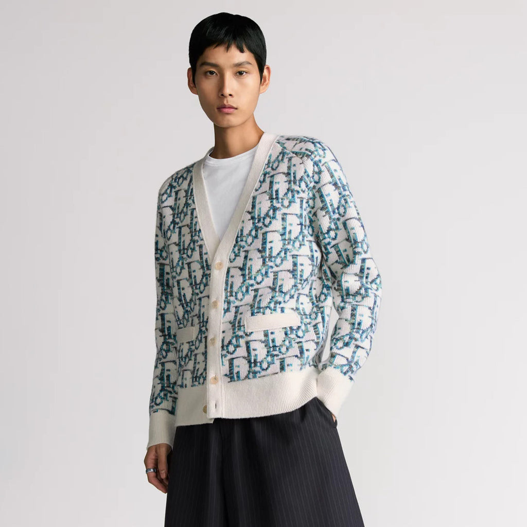Dior Men's And Women's Spring/summer Fashion Casual Sheep Wool Jacquard Fabric Oblique Print Single Breasted V-neck Long Sleeved Sweater Knitted Cardigan #78296