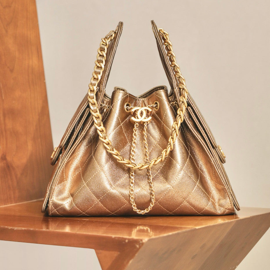 Chanel Women's Fashion Classic Solid Color Leather Logo Drawstring Underarm Bag Chain Handbag Tote Shoulder Bag Bags AS5293-B20304-U2367 Metallic-colored Leather Tends To Fade Easily #78855