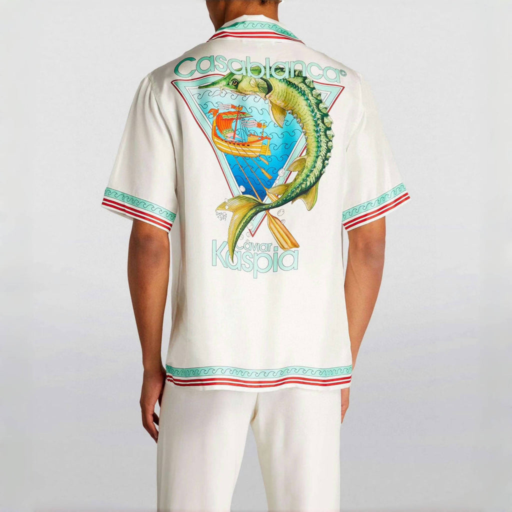 Casablanca Men's Summer Solid Color Animal Print Single Button Short Sleeve Shirt and Casual Shorts Set Suit #77743