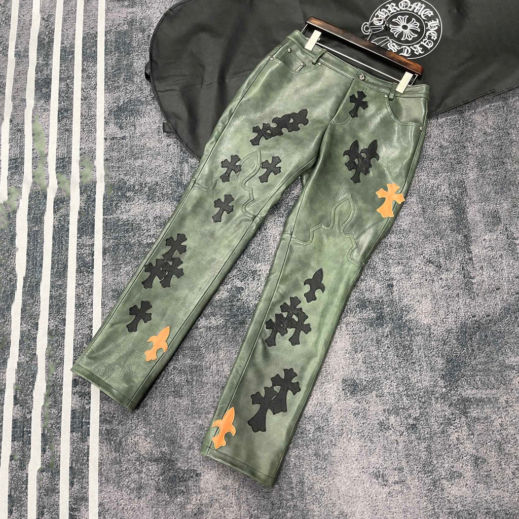 Chrome Hearts Men's Fall/Winter Dark Green Calfskin Leather Patch Embroidered Pants #99894