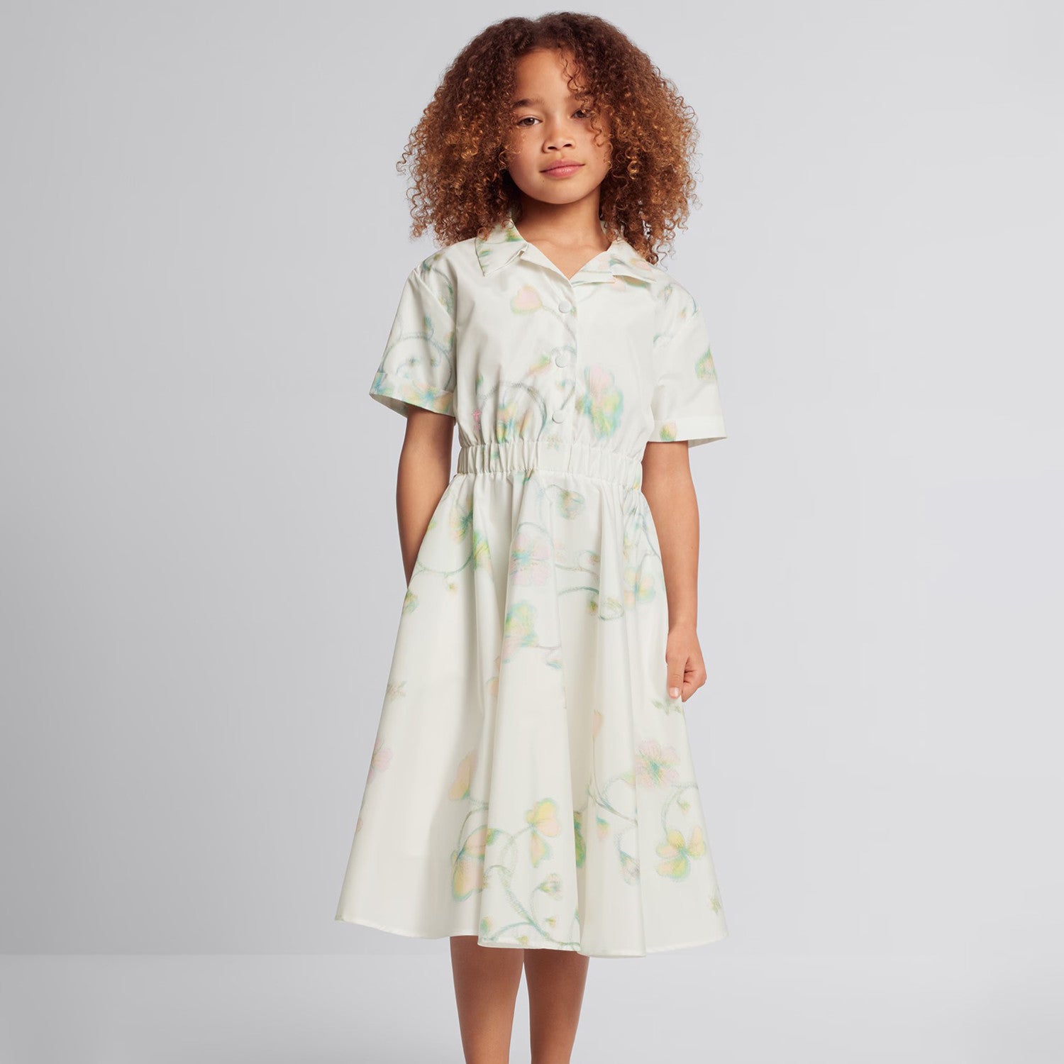 Dior Kid's Summer Floral Printed Lapel Mid-Length Fitted Short Sleeve Flared Dress #31291
