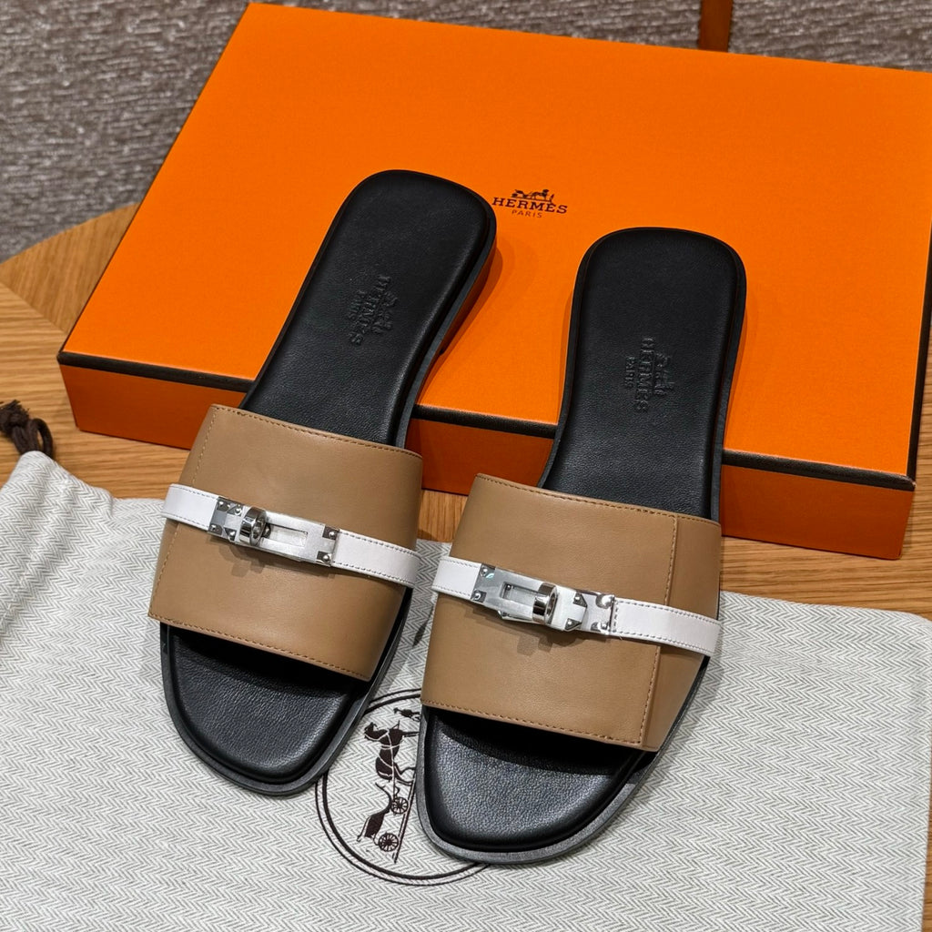 Hermes Giulia Women's Summer Metal Buckle Round Toe Leather Sandals Slippers Shoes #77657