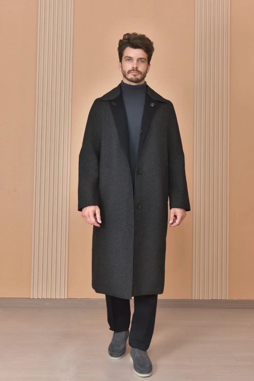 Loro Piana Men's Reversible Double-Faced Coat with Belt. Single-Button Lapel. Long Fit Jacket Ngvp #2336