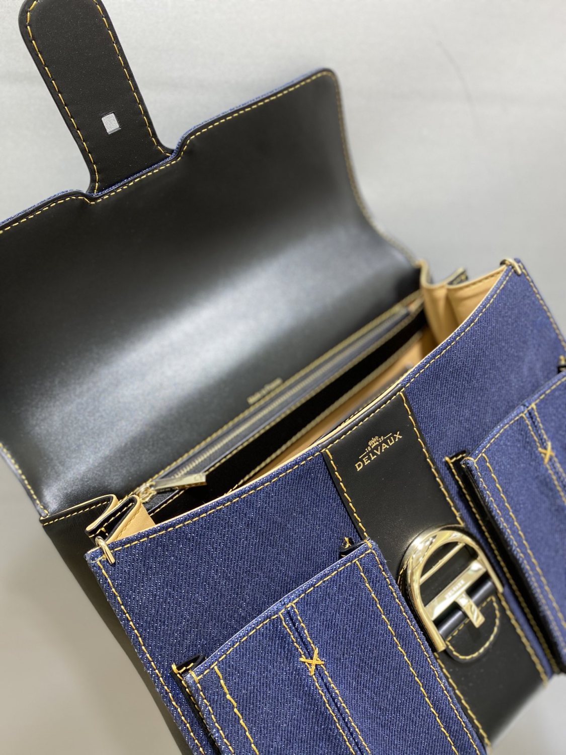 Delvaux Brillant Trench Women's Outer Stitching Solid Color Denim Patchwork Leather Tote Shoulder Bag Bags #76452