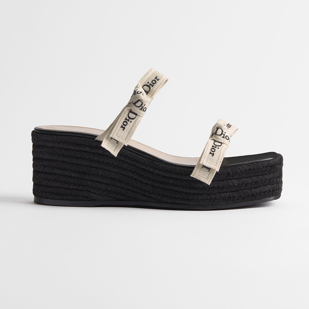 DIOR J Adior Wedge Slide with Straps White Embroidered Cotton and Natural Raffia #386876