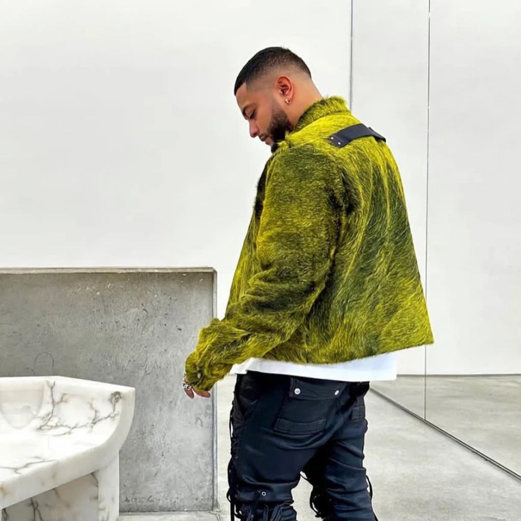Rick Owens Men's spring and fall trend of high street retro yellow-green plush cowhide jacket lapel single-breasted casual jacket Ngvp #8247
