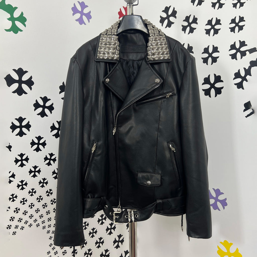 Chrome Hearts Men's Solid Color Autumn/Winter Classic Fashion Collar Zipper Multi Pocket Long Sleeve Leather Jacket #78223