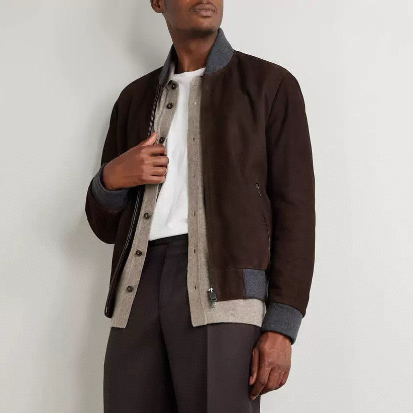 Brioni Men's Fall/Winter Fashion Casual Crew Neck Zipper Color Blocked Suede Jacket #79134